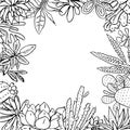 Frame with houseplants, cactuses and succulents. Vector hand drawn outline sketch illustration